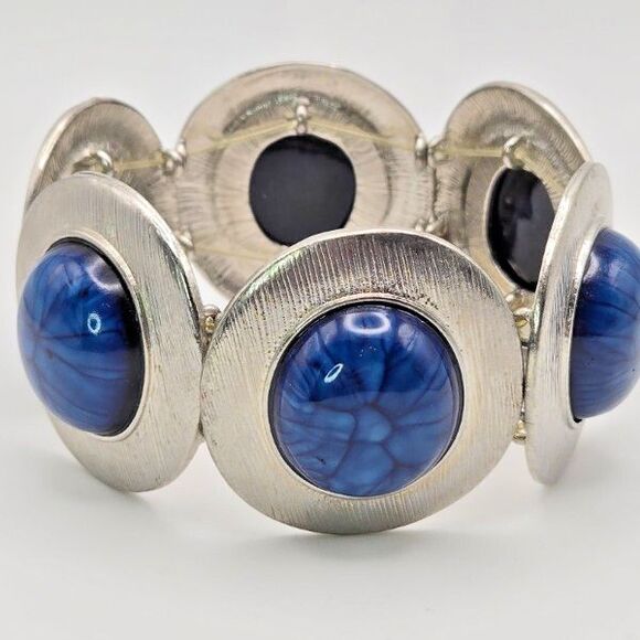 Large‎ Silvertone and Blue Cabochon Discs Stretch Cuff Bracelet - Picture 1 of 6